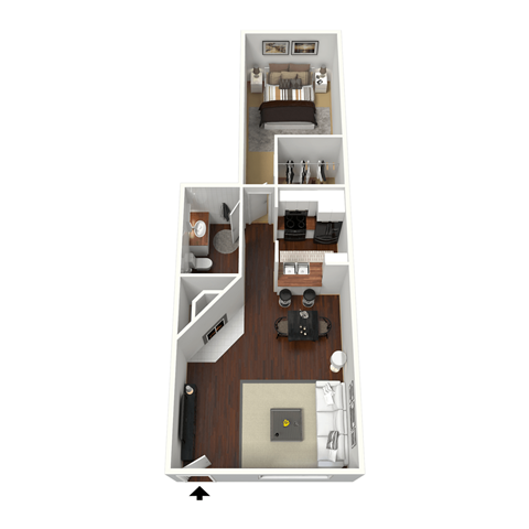 a stylized floor plan with a bedroom and a living room